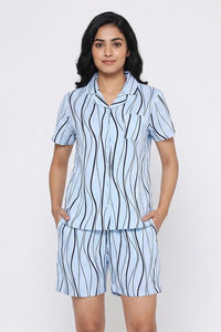 Zivame Wavy Stripes Knit Cotton Short Set - Ice Water — thumbnail 1